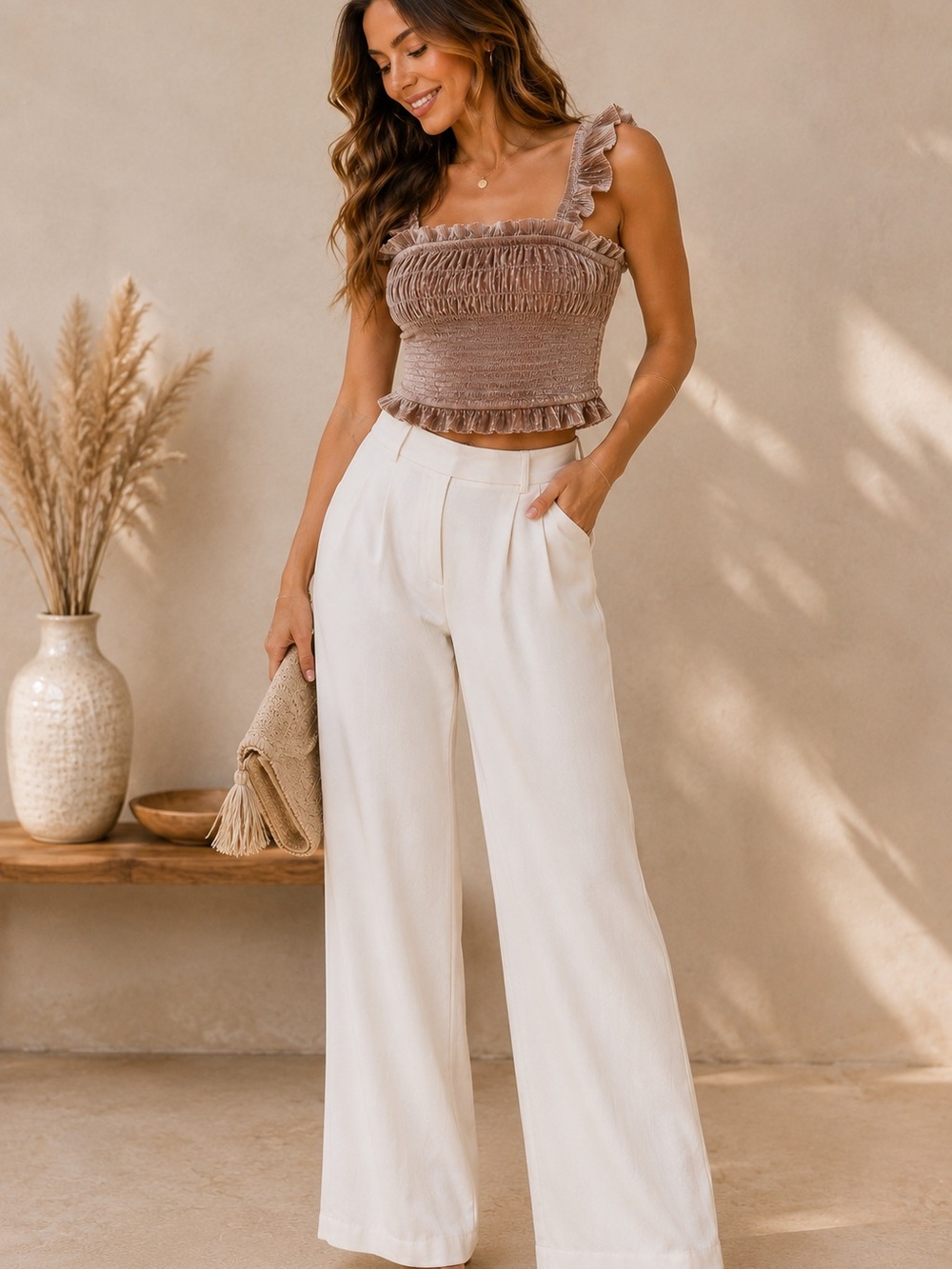 Storia Shimmer Smocked Ruffle Crop Top Champagne Taupe S Boho NWT